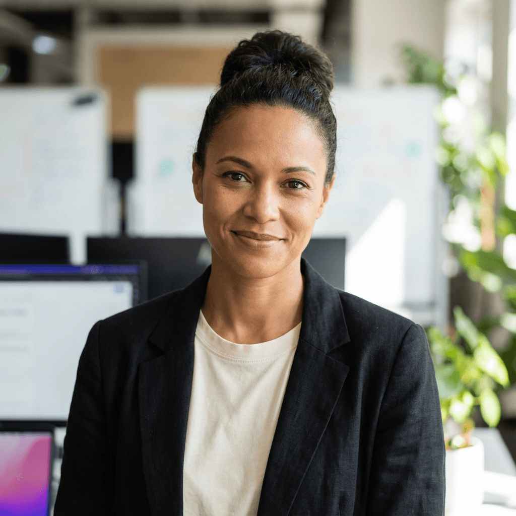 Logistics coordinator in her mid 30s, professional attire in a bright office