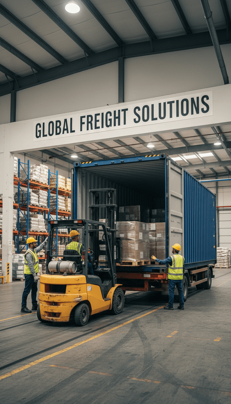Warehouse crew offloading a shipping container