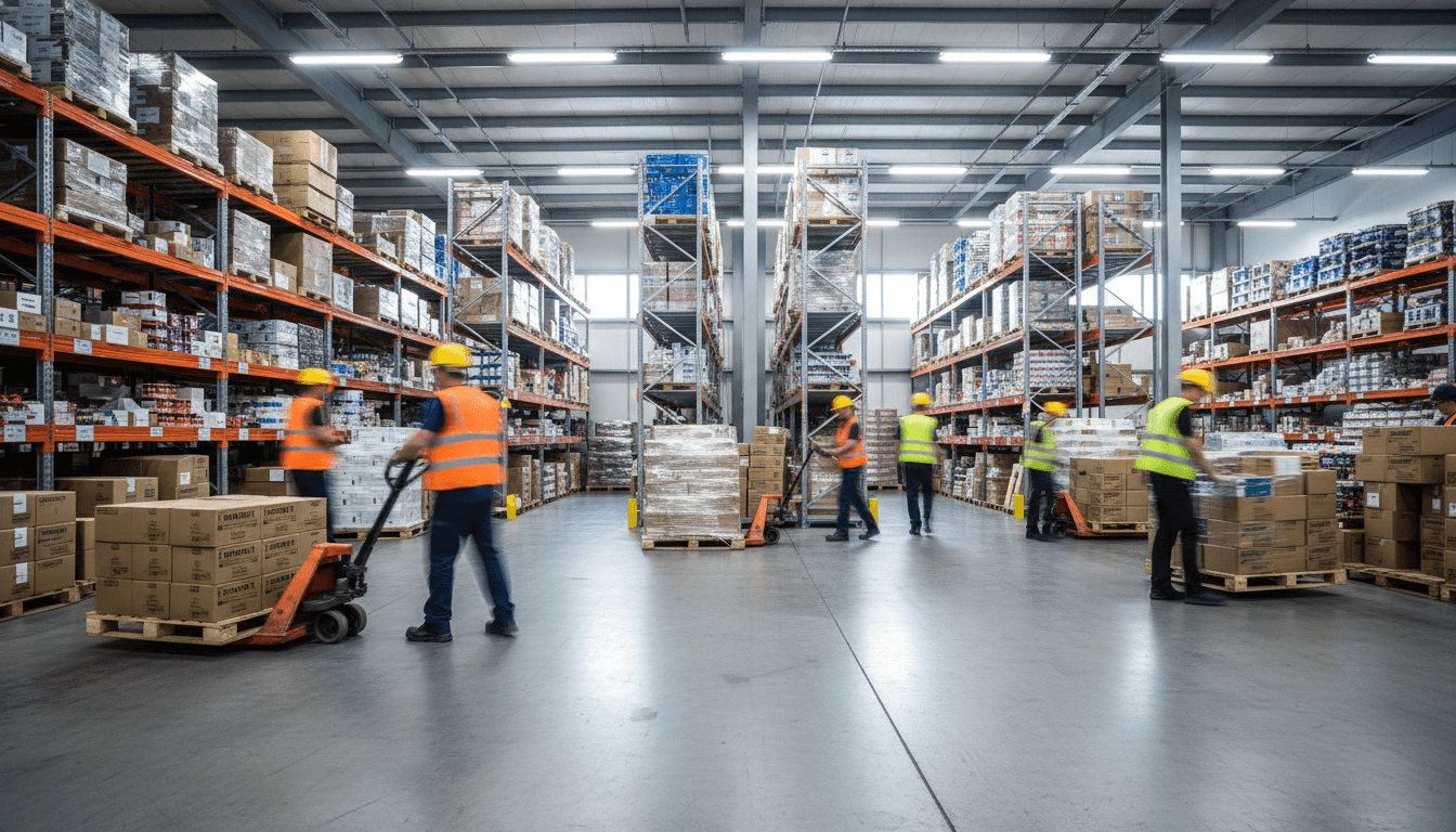 Warehouse crew unloading a shipping container with pallet jacks