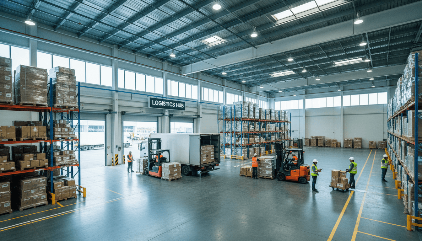 Professional crew offloading a shipping container in a warehouse
