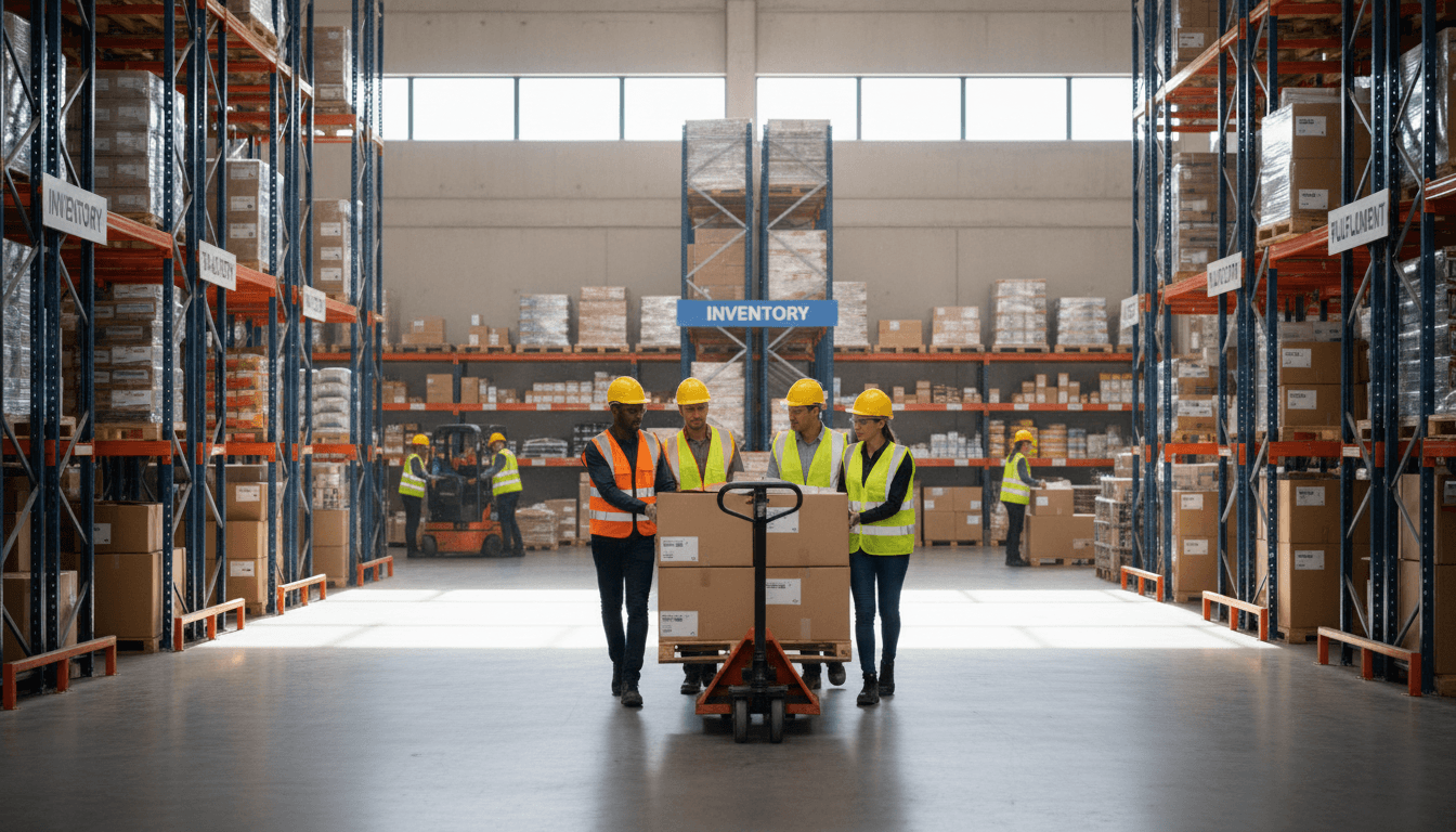 Professional logistics crew working in a warehouse with stacked pallets