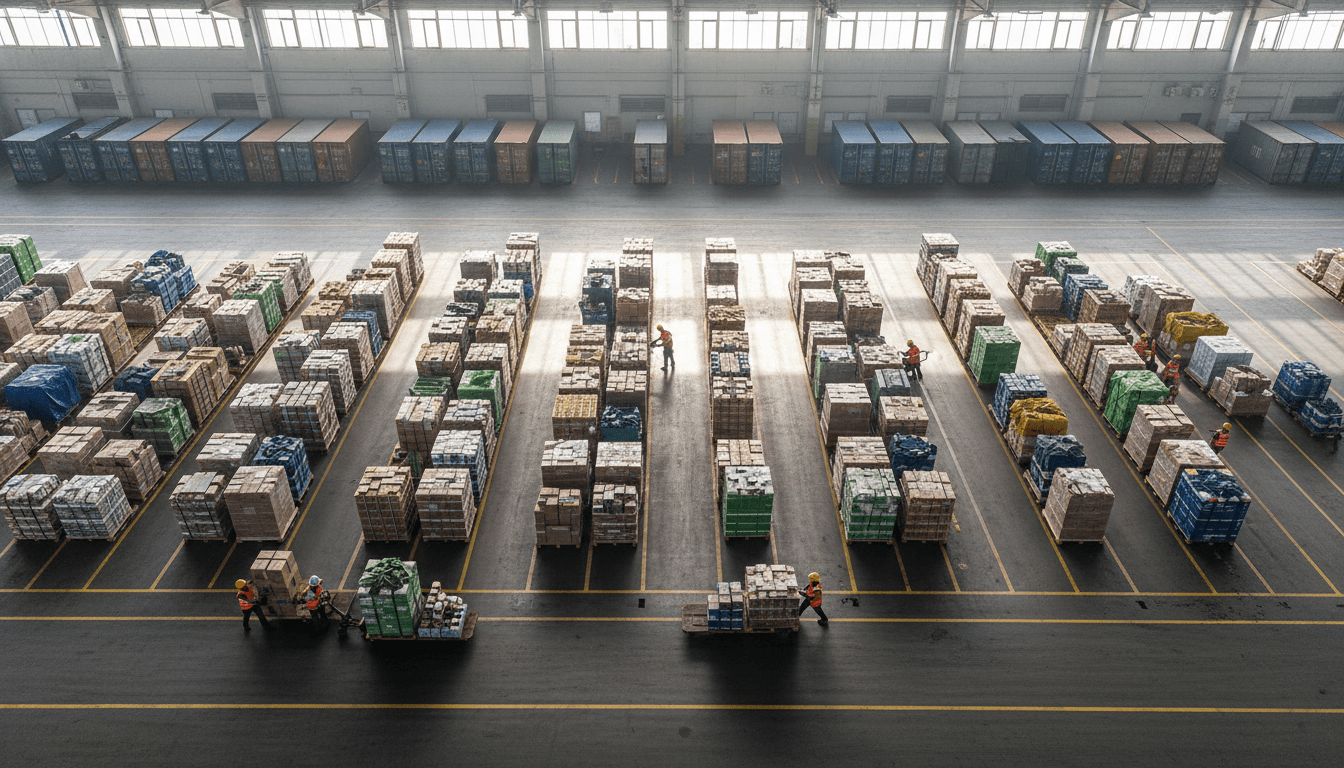 Open shipping container with crew unloading packed cargo by hand
