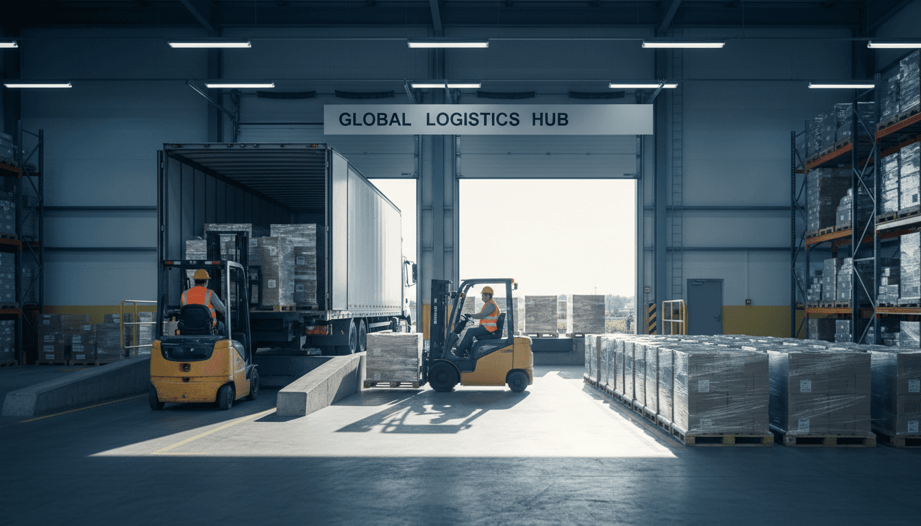 Warehouse crew unloading a shipping container with a forklift
