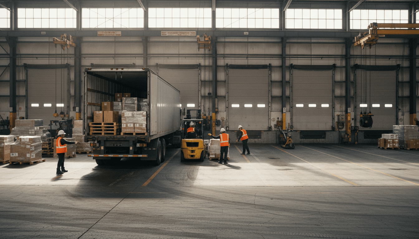 Workers unloading a shipping container in a warehouse