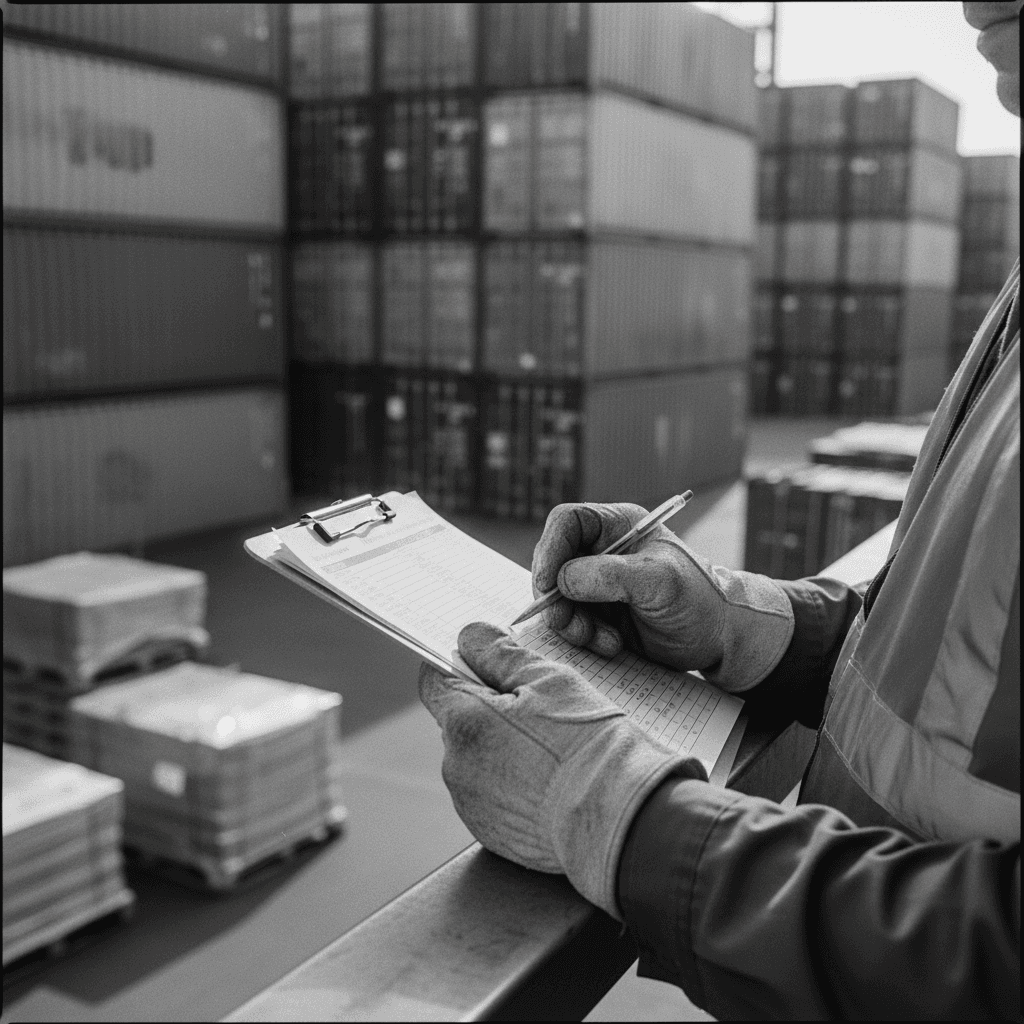 Worker in safety vest coordinating a container offload in a busy warehouse