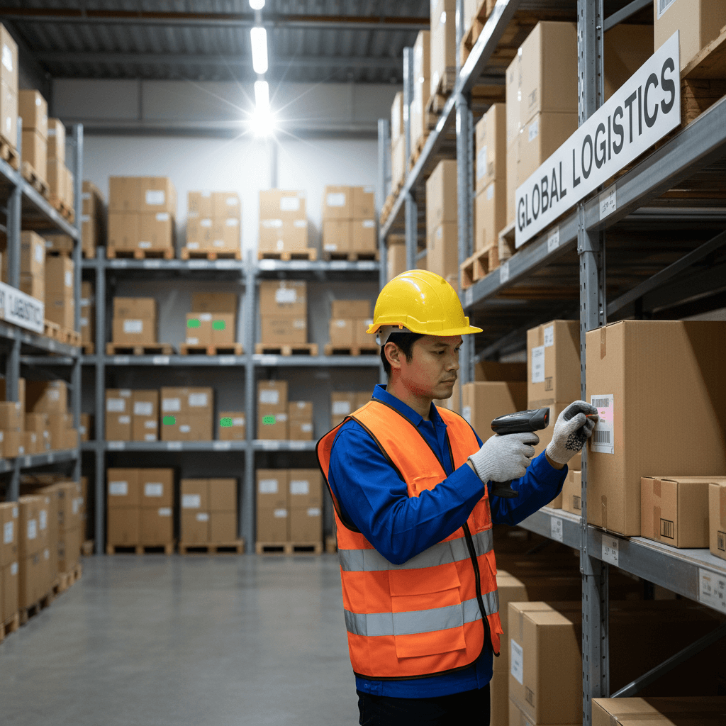 Worker using a pallet jack in a busy warehouse aisle with organized shelves
