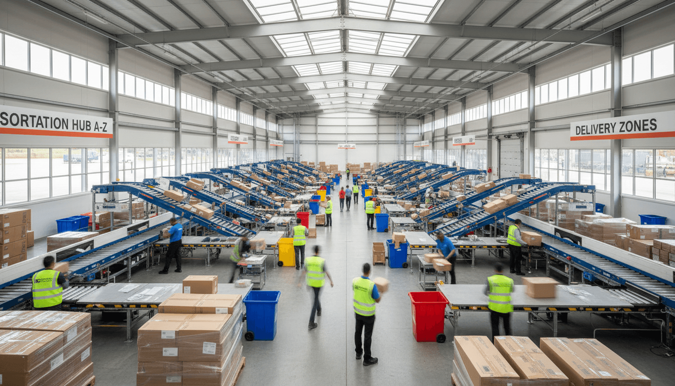Warehouse crew sorting cardboard boxes onto pallets during a shift