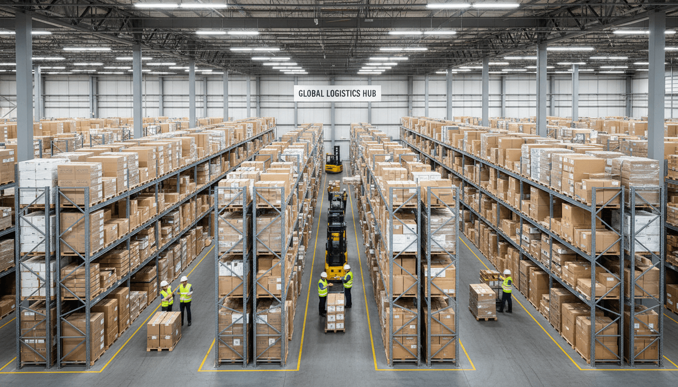 Forklift moving stacked pallets in a large distribution warehouse