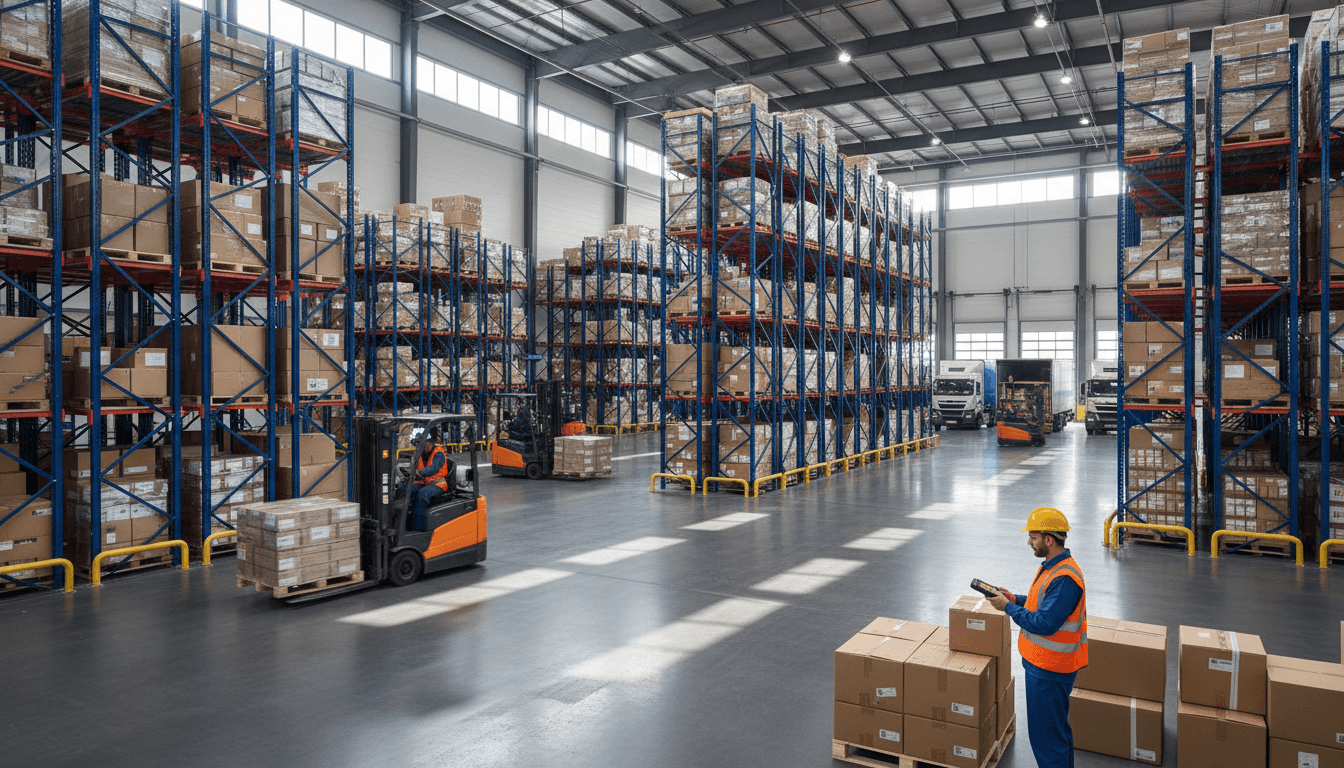 Workers unloading a shipping container with a forklift inside a warehouse