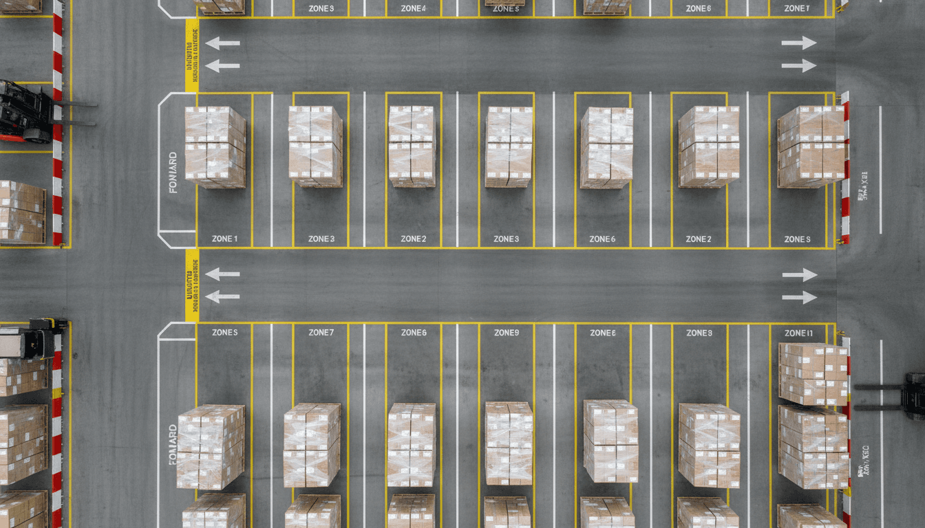 Neatly arranged pallets on a clean warehouse floor after an unloading operation