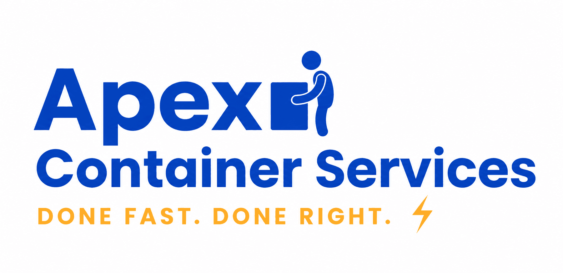Blue Apex Container Services logo with person lifting box and orange lightning bolt slogan.